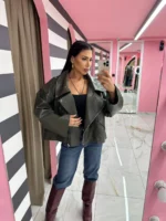 Oversized Leather Jacket Khaki Leather