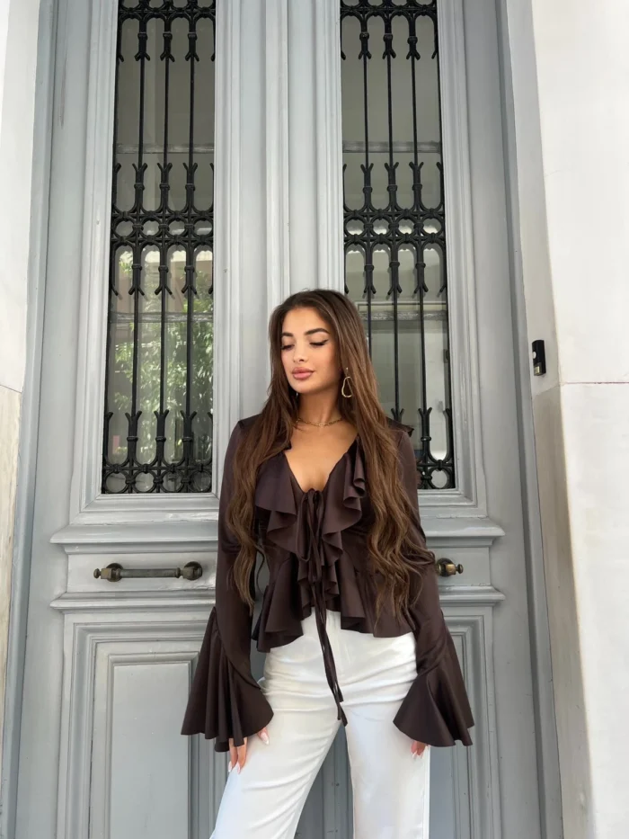 Romantic Ruffle Top – Καφέ - Image 2