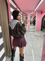 Oversized Leather Jacket – Καφέ με κουκούλα - Image 2