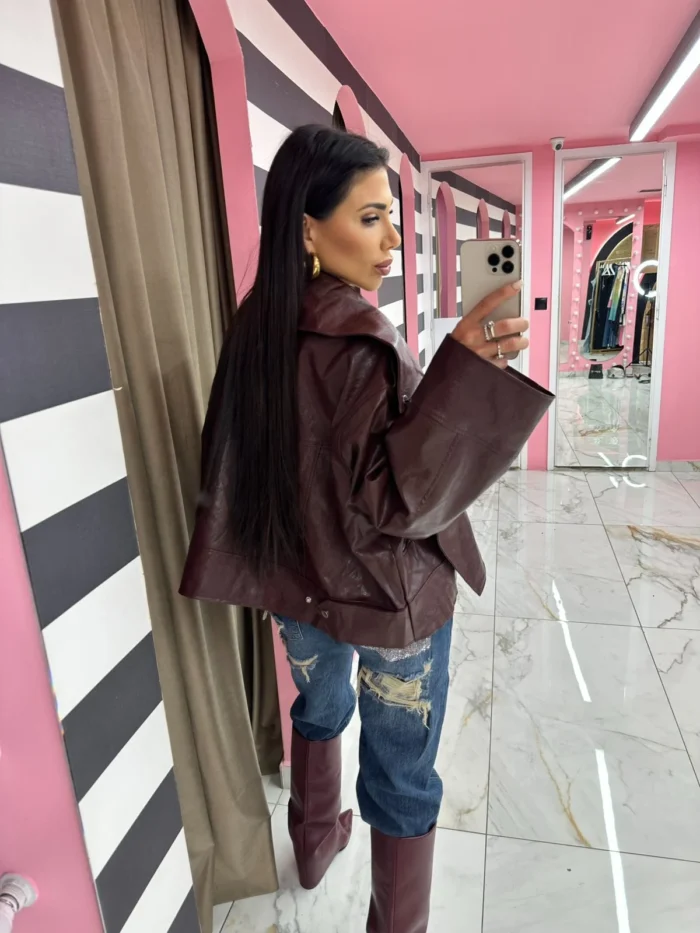 Oversized Leather Jacket Bordeaux Leather - Image 2