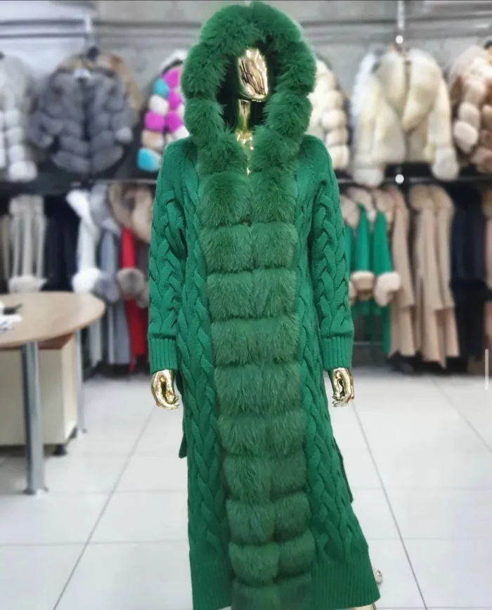 Πλεκτή Μακριά Ζακέτα με Αληθινή Γούνα Αλεπούς - Image 6