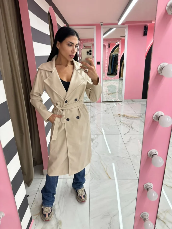 Leather Touch Trench – Μπεζ - Image 2