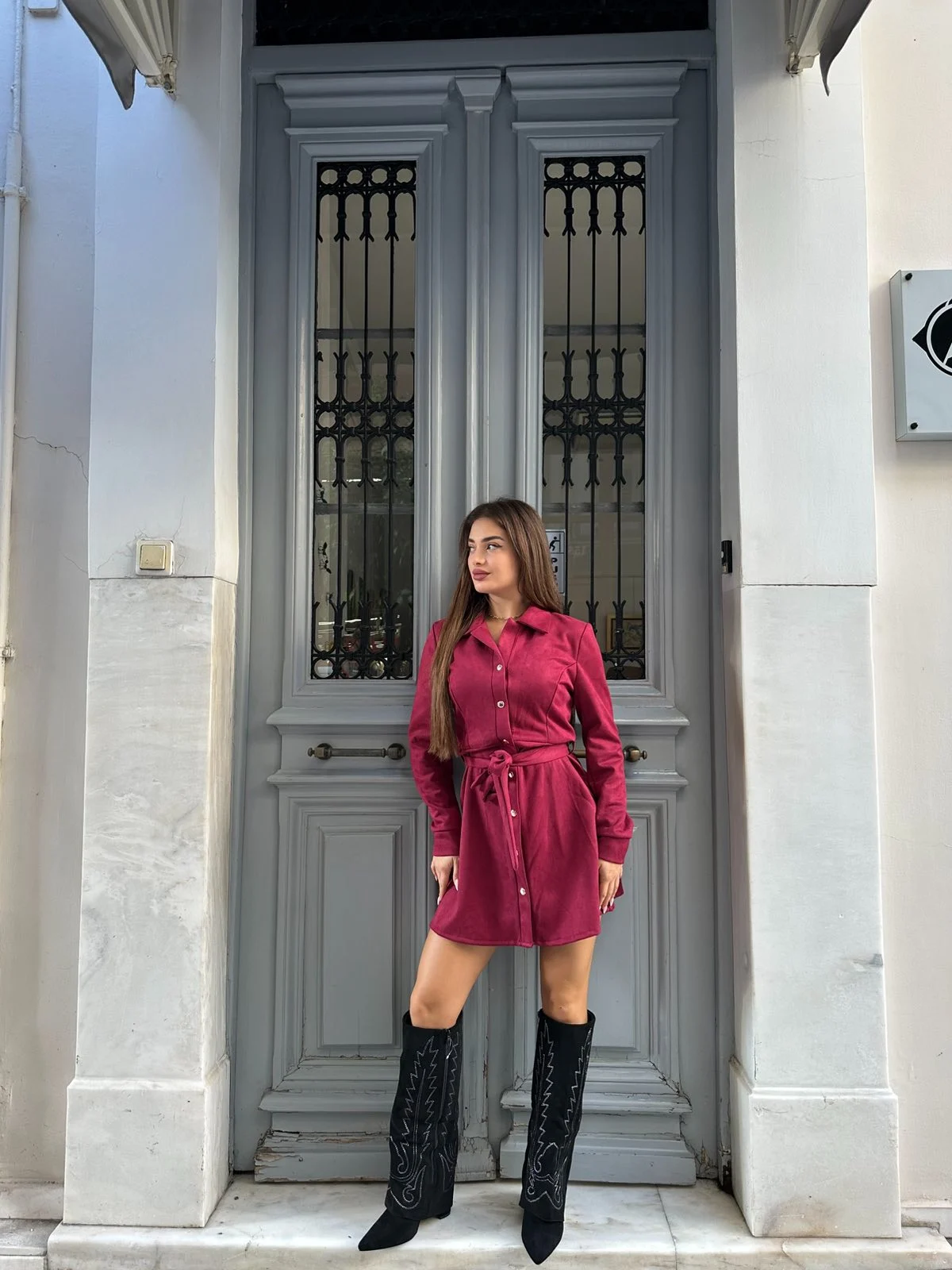 0-02-05-4ab44b26184c49fc376f7c954c5e954cdcfdf030f29e4d0460cc5afa493a94f3_22357f125b9 Wine Suede Shirt Dress - Image 1