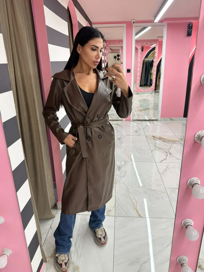 Leather Touch Trench – Καφέ - Image 2