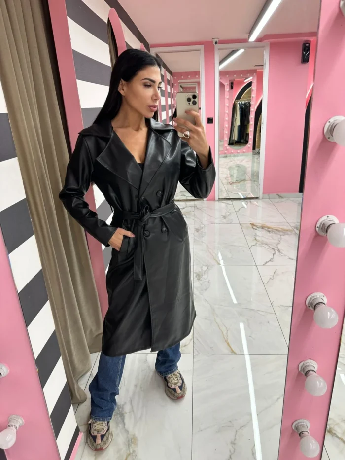 Leather Touch Trench – Μαύρη - Image 3