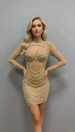 Exclusive Pearl Mini Dress – Nude - Image 2