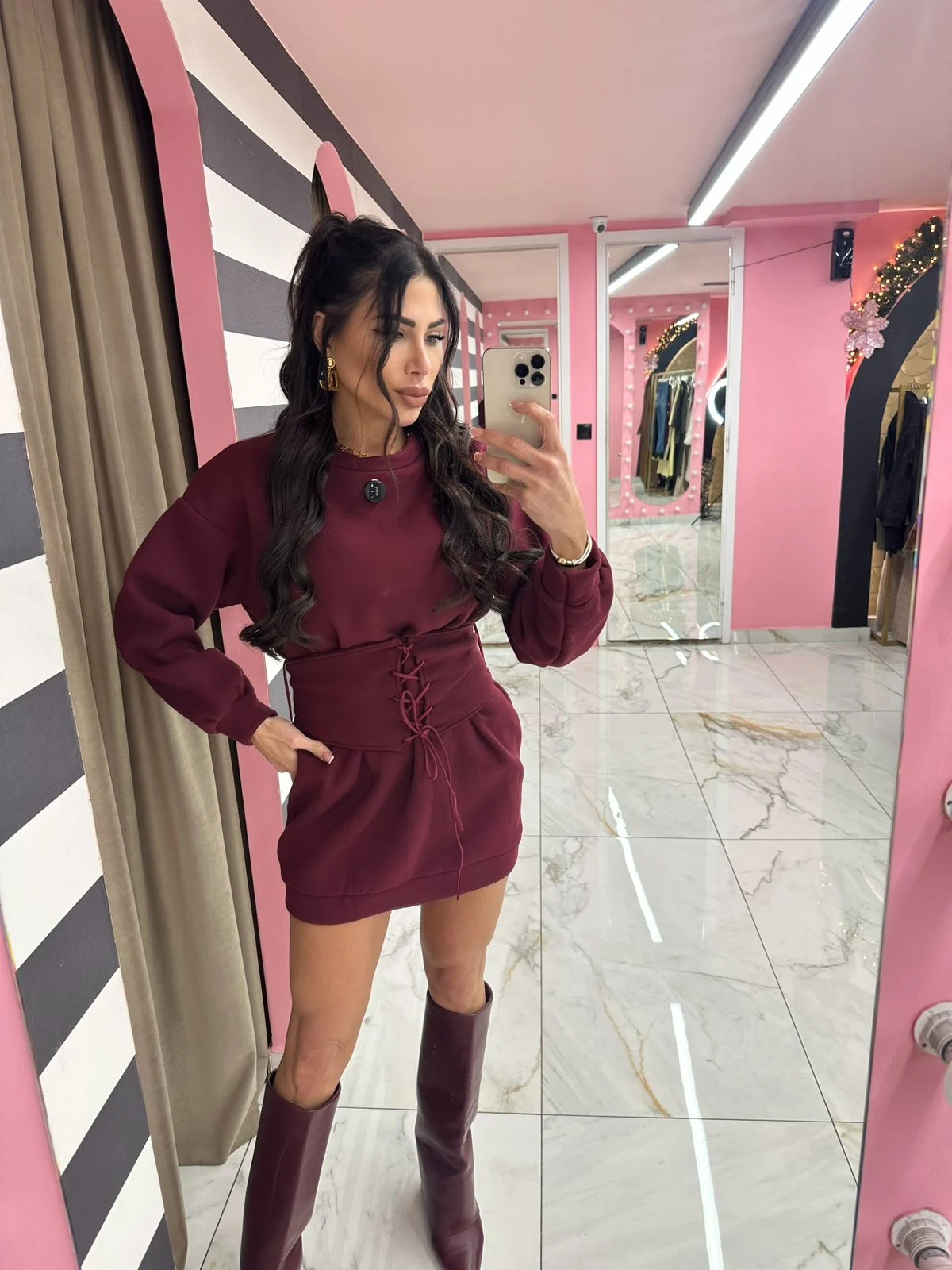 0-02-05-3dc3c166b89beb81a13531c7b99fb8ba6a7236cf3d98c47374d96c37ec42928e_22285d3d61f Burgundy Lace-Up Mini Dress - Image 1