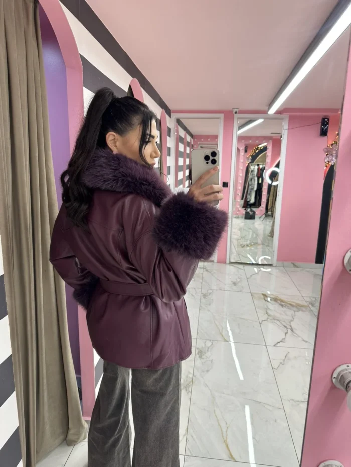 Plum Royal Fur Belted Jacket - Image 3
