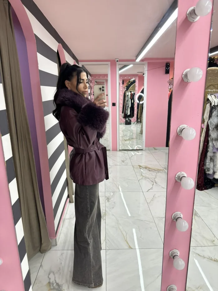 Plum Royal Fur Belted Jacket - Image 2