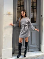 Crystal Belt Mini Dress – Grey