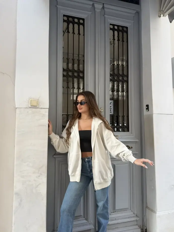 Urban Oversized Hoodie Jacket – Εκρού - Image 2